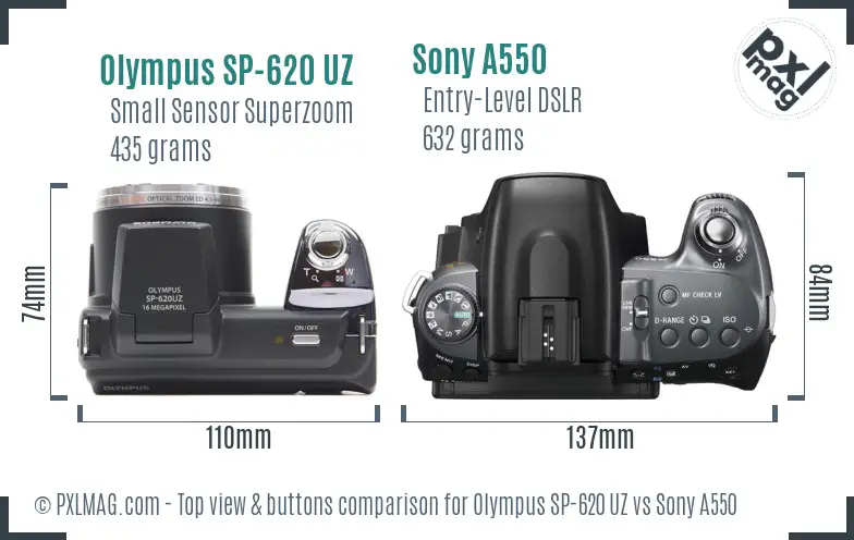 Olympus SP-620 UZ vs Sony A550 top view buttons comparison