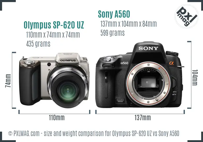 Olympus SP-620 UZ vs Sony A560 size comparison