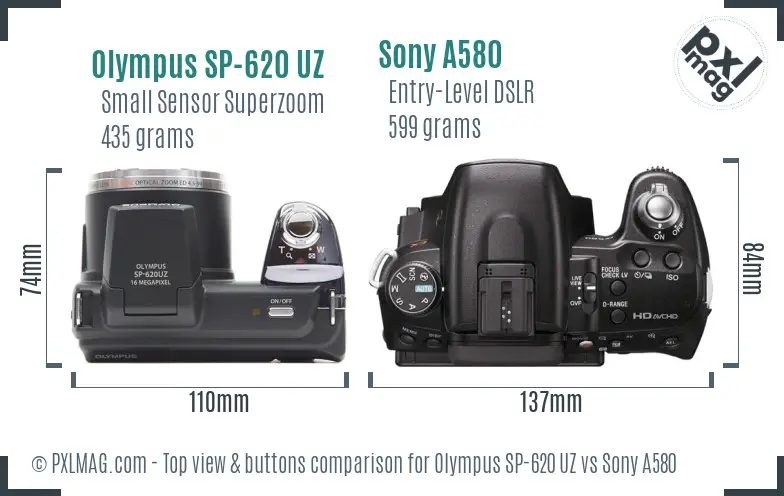 Olympus SP-620 UZ vs Sony A580 top view buttons comparison