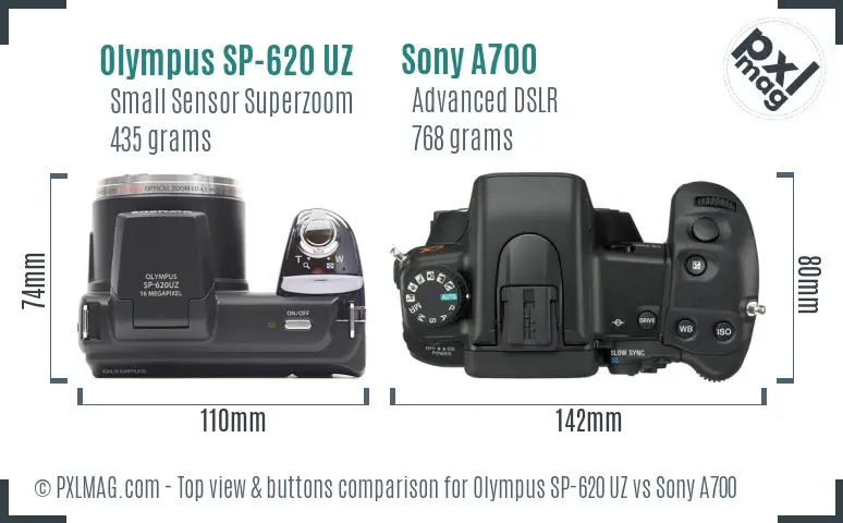 Olympus SP-620 UZ vs Sony A700 top view buttons comparison