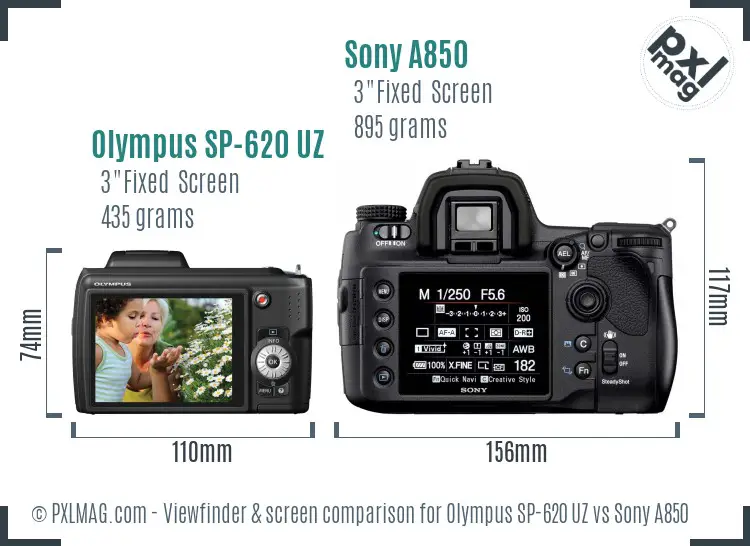 Olympus SP-620 UZ vs Sony A850 Screen and Viewfinder comparison