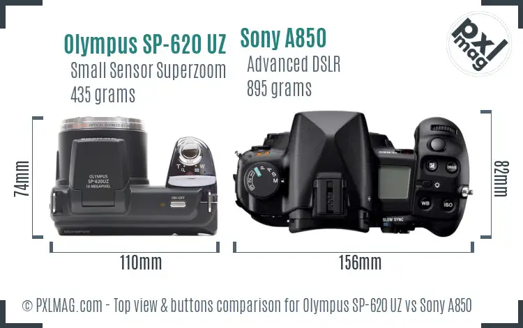 Olympus SP-620 UZ vs Sony A850 top view buttons comparison