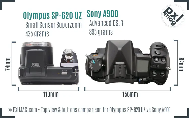 Olympus SP-620 UZ vs Sony A900 top view buttons comparison