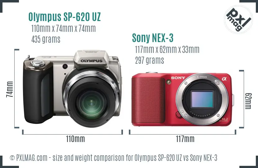 Olympus SP-620 UZ vs Sony NEX-3 size comparison