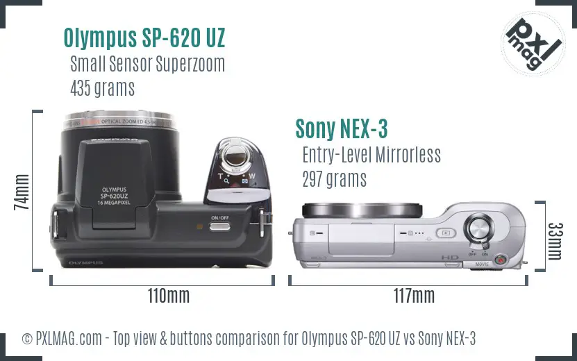Olympus SP-620 UZ vs Sony NEX-3 top view buttons comparison
