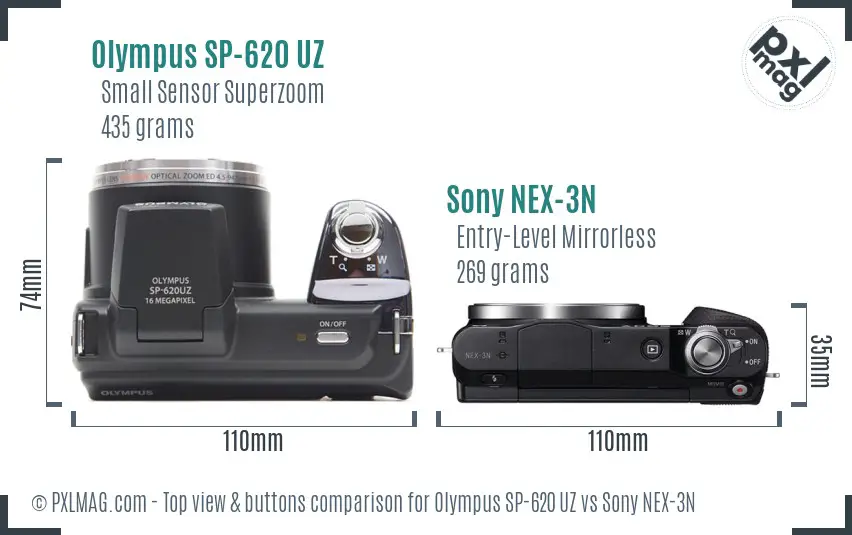 Olympus SP-620 UZ vs Sony NEX-3N top view buttons comparison Olympus SP-620 UZ vs Sony NEX-3N top view buttons comparison