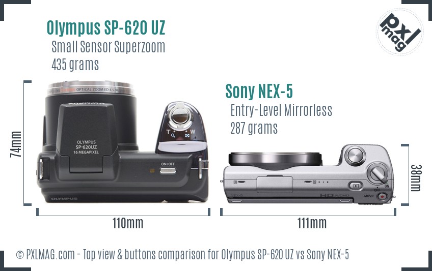 Olympus SP-620 UZ vs Sony NEX-5 top view buttons comparison