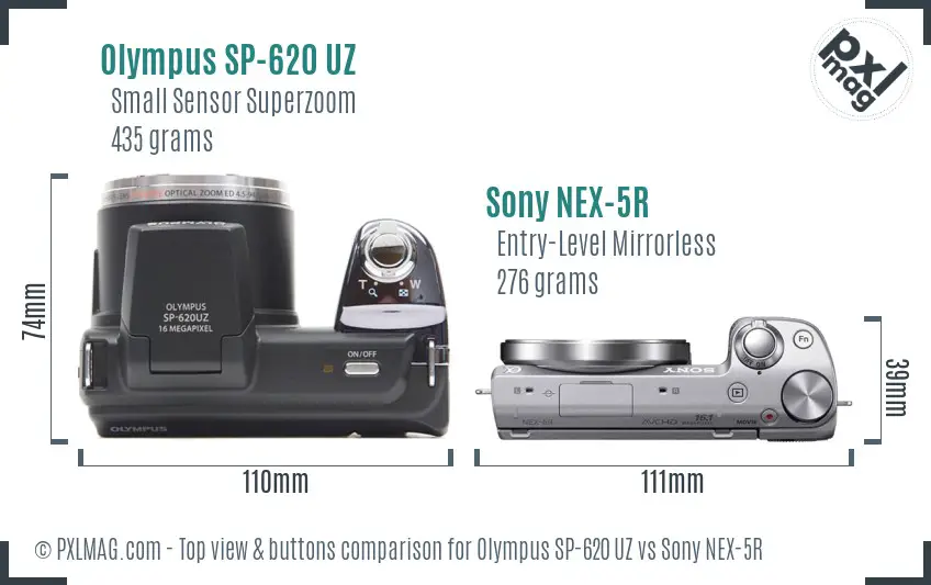 Olympus SP-620 UZ vs Sony NEX-5R top view buttons comparison