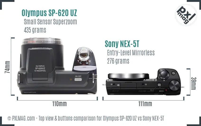 Olympus SP-620 UZ vs Sony NEX-5T top view buttons comparison