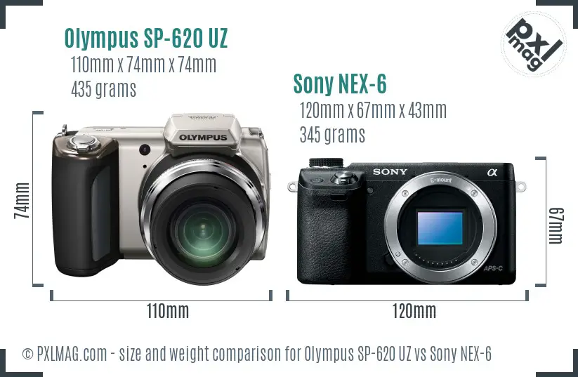 Olympus SP-620 UZ vs Sony NEX-6 size comparison