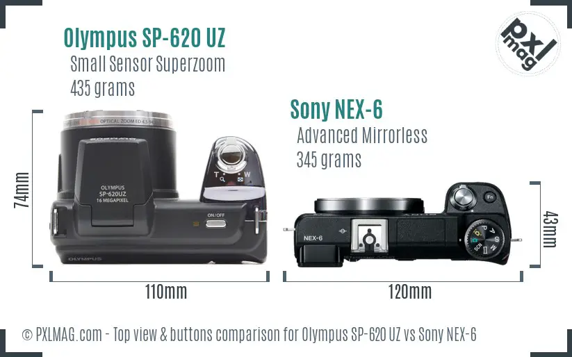 Olympus SP-620 UZ vs Sony NEX-6 top view buttons comparison