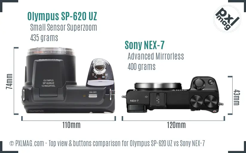 Olympus SP-620 UZ vs Sony NEX-7 top view buttons comparison