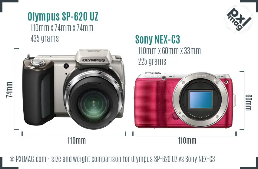 Olympus SP-620 UZ vs Sony NEX-C3 size comparison