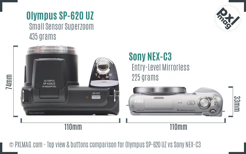 Olympus SP-620 UZ vs Sony NEX-C3 top view buttons comparison