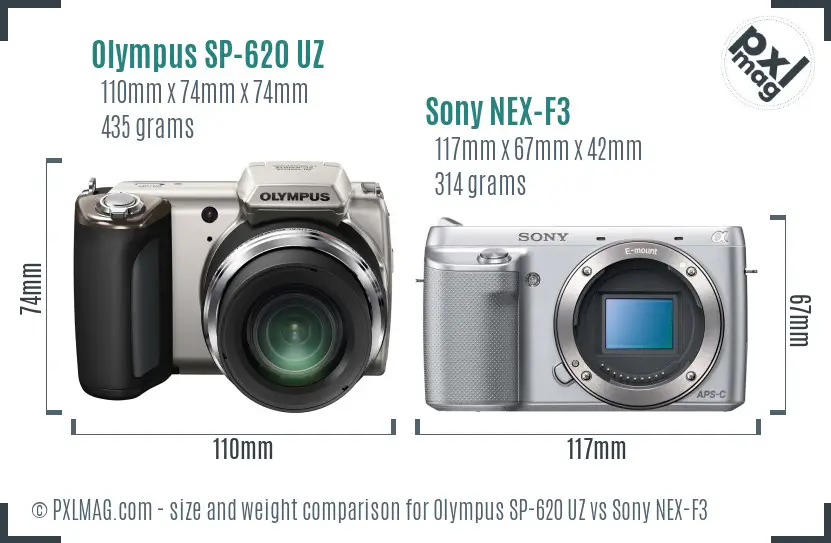 Olympus SP-620 UZ vs Sony NEX-F3 size comparison