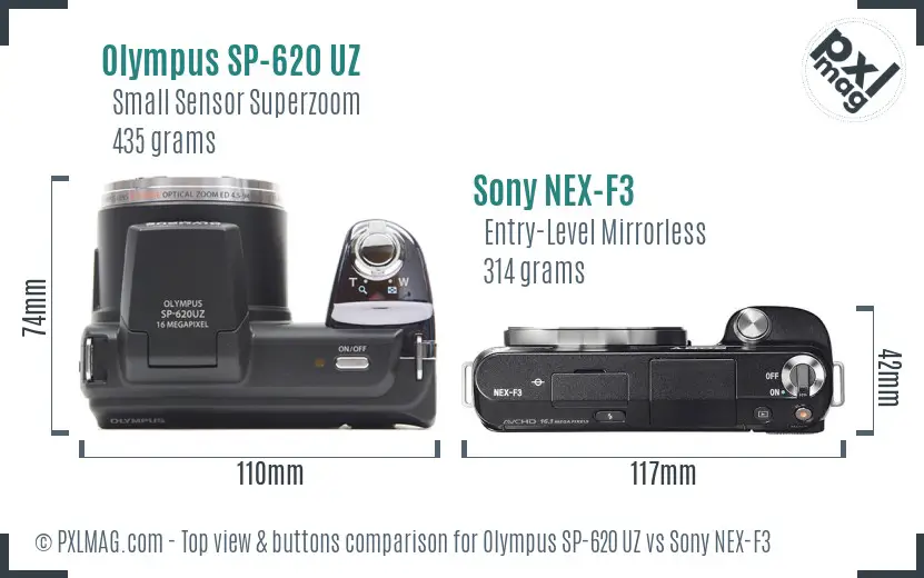Olympus SP-620 UZ vs Sony NEX-F3 top view buttons comparison