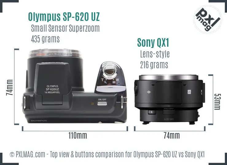 Olympus SP-620 UZ vs Sony QX1 top view buttons comparison