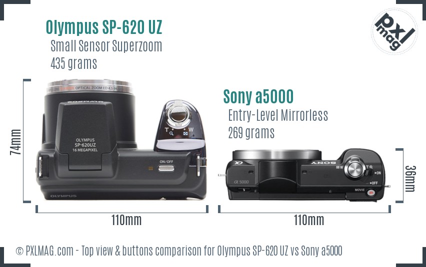 Olympus SP-620 UZ vs Sony a5000 top view buttons comparison