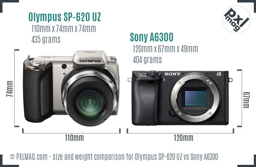 Olympus SP-620 UZ vs Sony A6300 size comparison