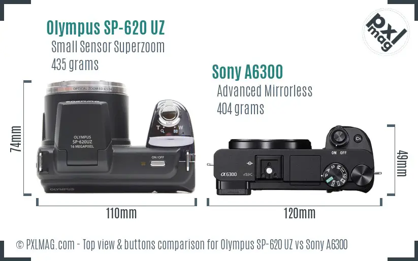 Olympus SP-620 UZ vs Sony A6300 top view buttons comparison