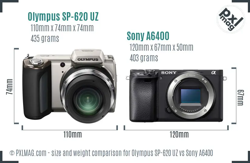 Olympus SP-620 UZ vs Sony A6400 size comparison