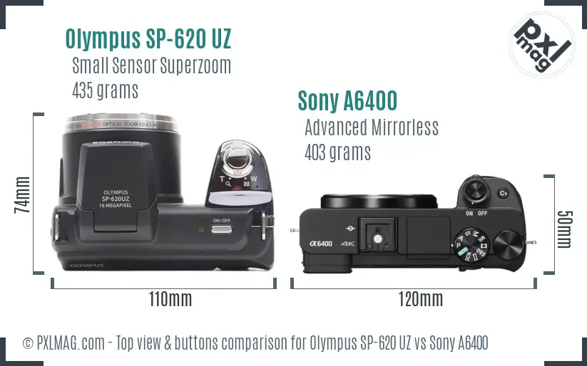 Olympus SP-620 UZ vs Sony A6400 top view buttons comparison