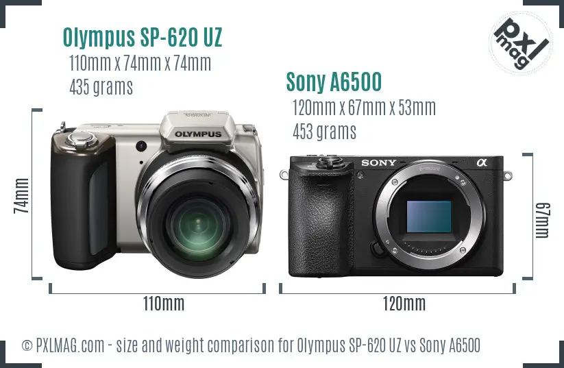 Olympus SP-620 UZ vs Sony A6500 size comparison