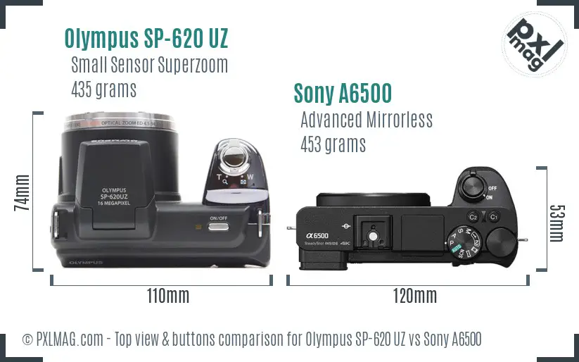 Olympus SP-620 UZ vs Sony A6500 top view buttons comparison