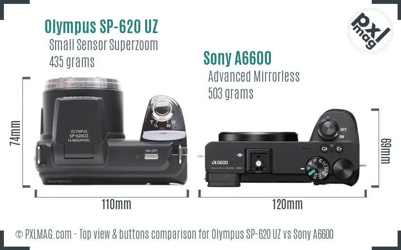 Olympus SP-620 UZ vs Sony A6600 top view buttons comparison