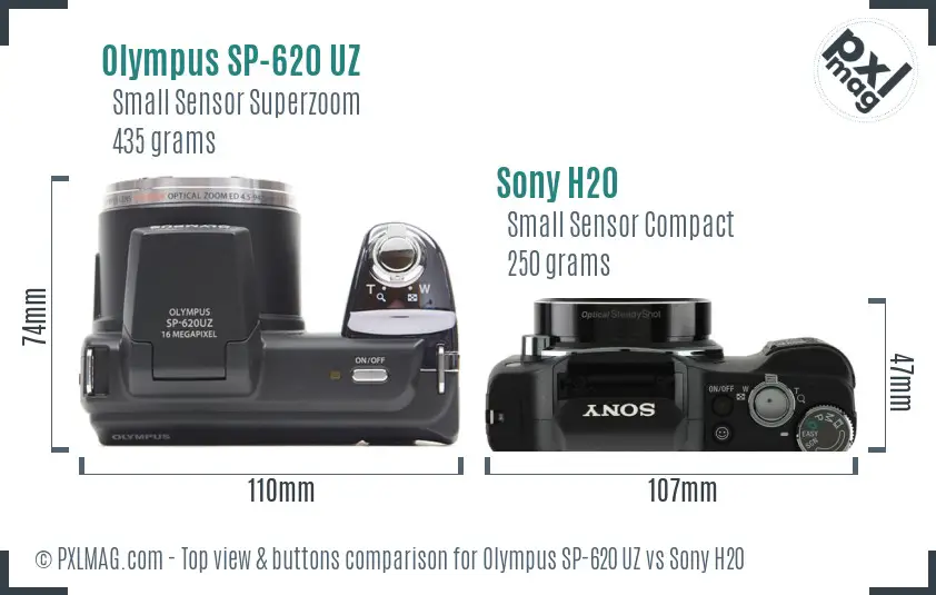 Olympus SP-620 UZ vs Sony H20 top view buttons comparison