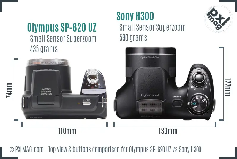 Olympus SP-620 UZ vs Sony H300 top view buttons comparison