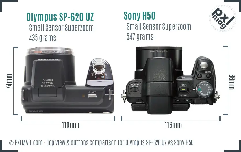 Olympus SP-620 UZ vs Sony H50 top view buttons comparison