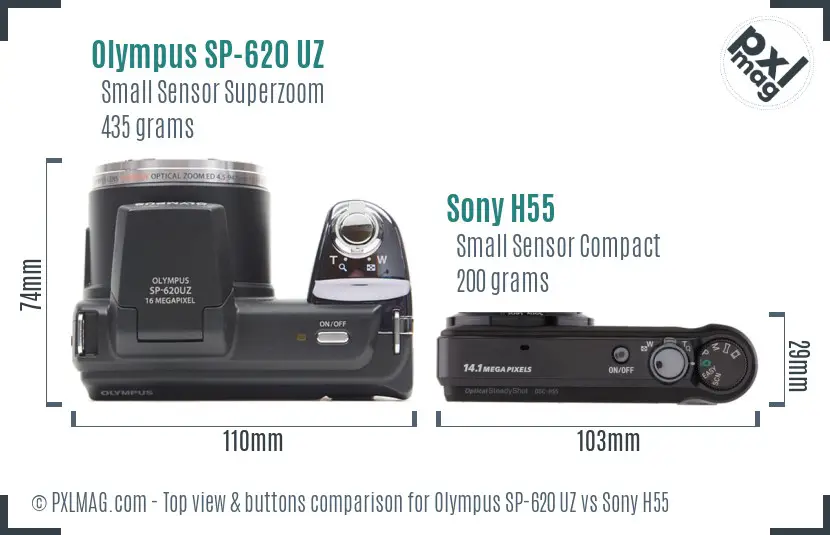 Olympus SP-620 UZ vs Sony H55 top view buttons comparison