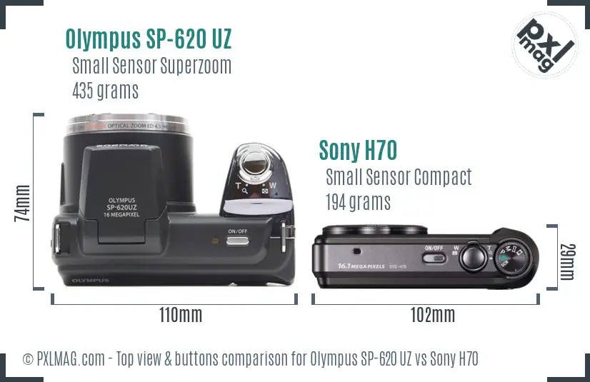 Olympus SP-620 UZ vs Sony H70 top view buttons comparison