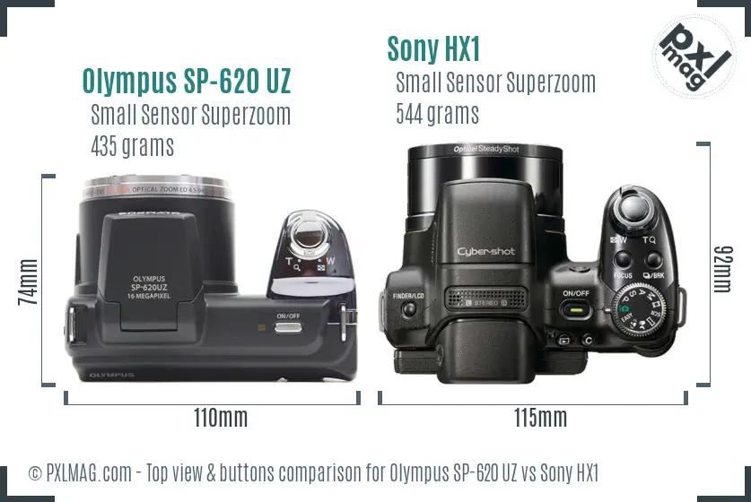 Olympus SP-620 UZ vs Sony HX1 top view buttons comparison