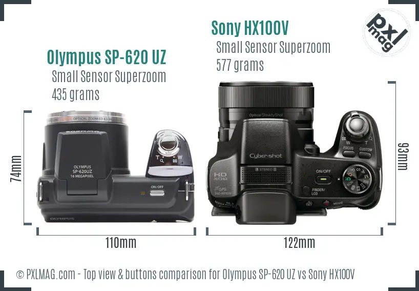 Olympus SP-620 UZ vs Sony HX100V top view buttons comparison