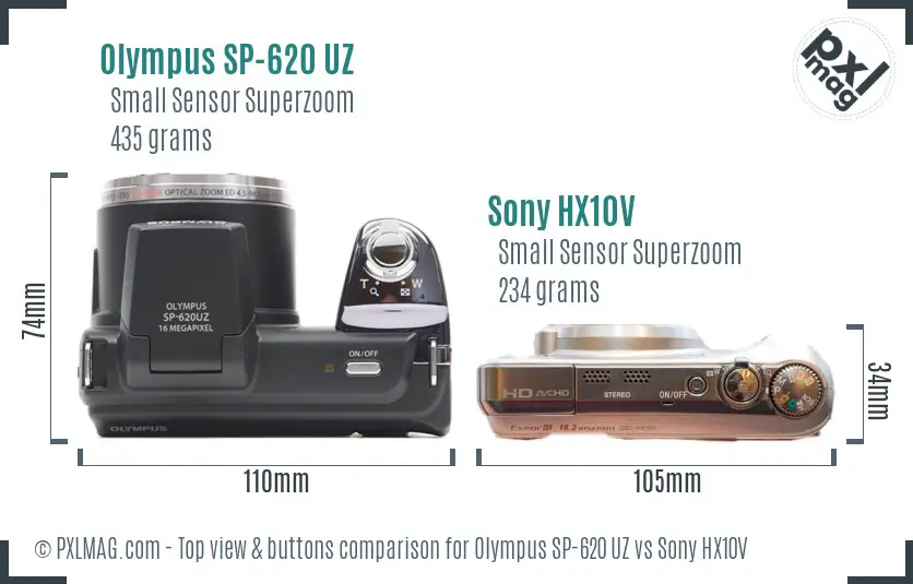 Olympus SP-620 UZ vs Sony HX10V top view buttons comparison