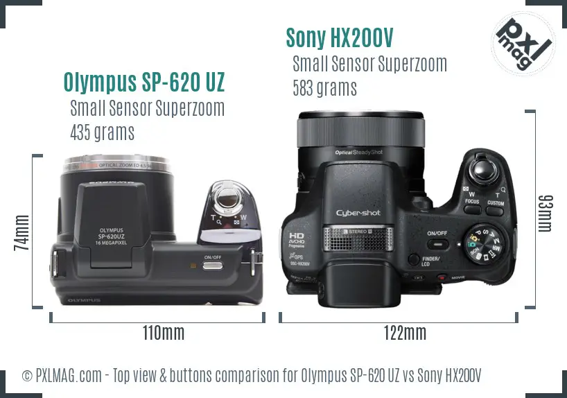 Olympus SP-620 UZ vs Sony HX200V top view buttons comparison