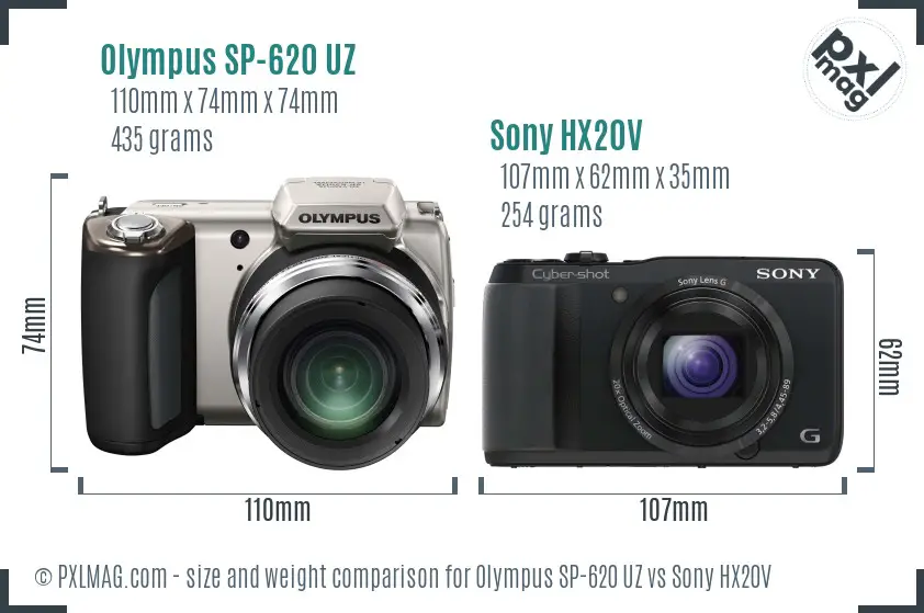 Olympus SP-620 UZ vs Sony HX20V size comparison