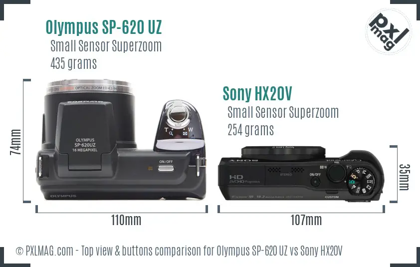 Olympus SP-620 UZ vs Sony HX20V top view buttons comparison