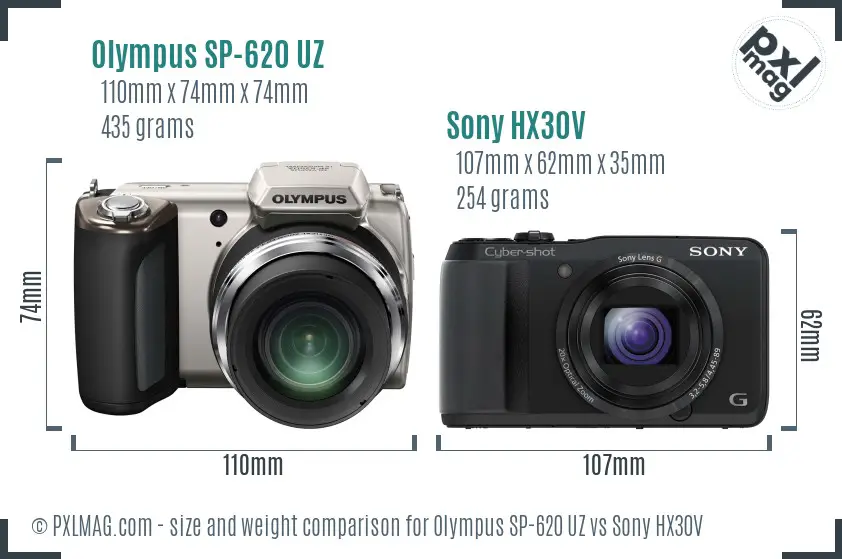 Olympus SP-620 UZ vs Sony HX30V size comparison