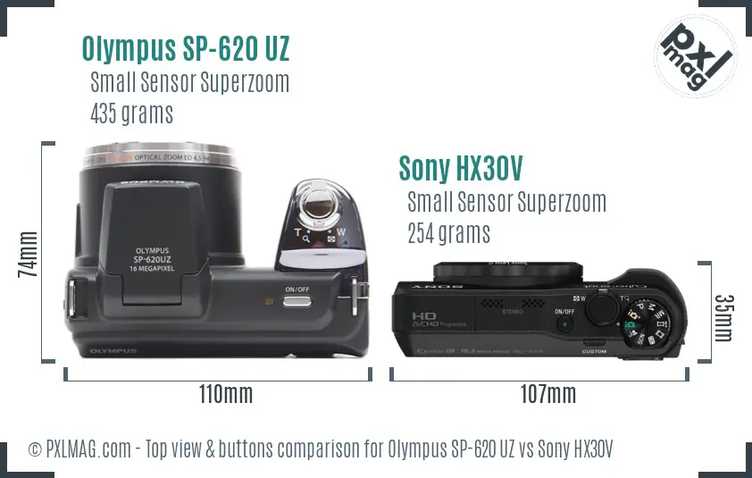 Olympus SP-620 UZ vs Sony HX30V top view buttons comparison