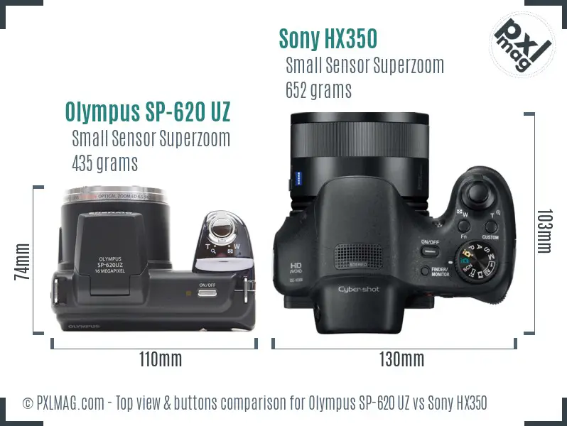 Olympus SP-620 UZ vs Sony HX350 top view buttons comparison