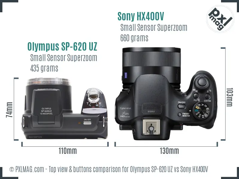 Olympus SP-620 UZ vs Sony HX400V top view buttons comparison