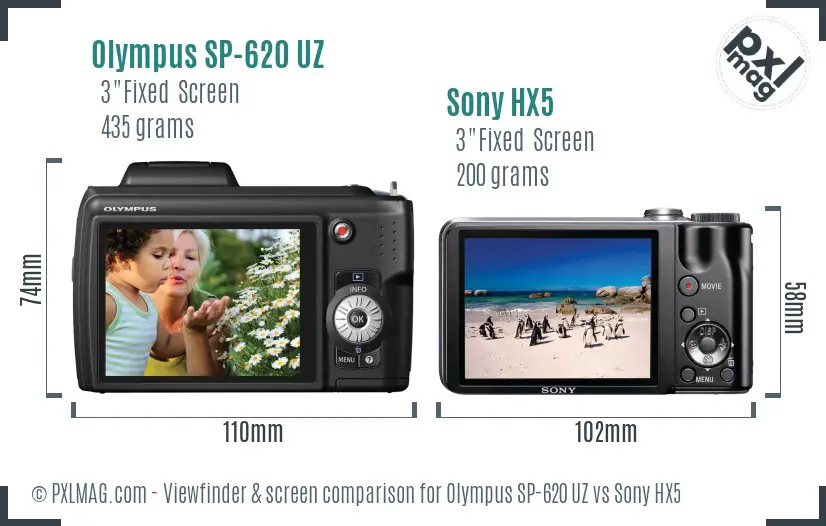 Olympus SP-620 UZ vs Sony HX5 Screen and Viewfinder comparison
