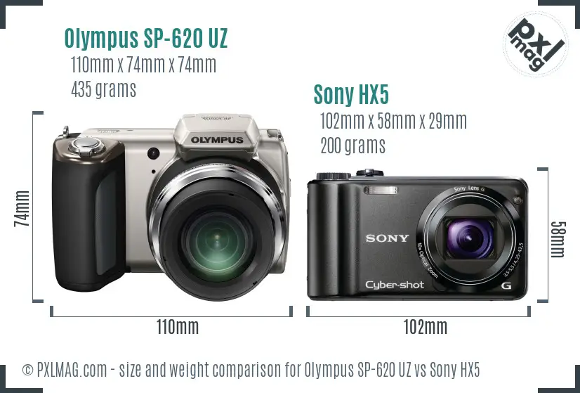 Olympus SP-620 UZ vs Sony HX5 size comparison