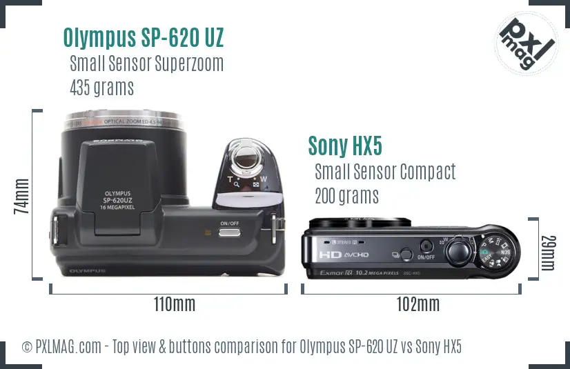Olympus SP-620 UZ vs Sony HX5 top view buttons comparison