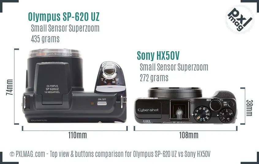 Olympus SP-620 UZ vs Sony HX50V top view buttons comparison