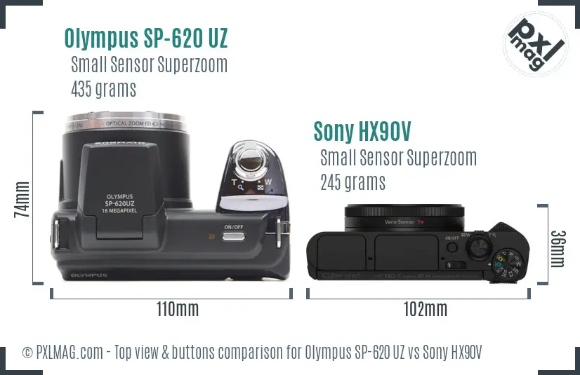 Olympus SP-620 UZ vs Sony HX90V top view buttons comparison