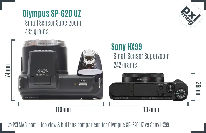 Olympus SP-620 UZ vs Sony HX99 top view buttons comparison